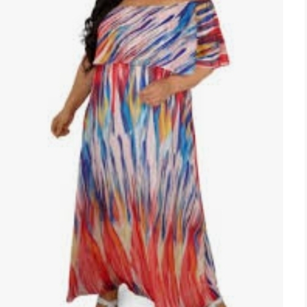 Nwt Womens Plus Size 18w Maree Pour Toi Multicolor Off-Shoulder Maxi Dress